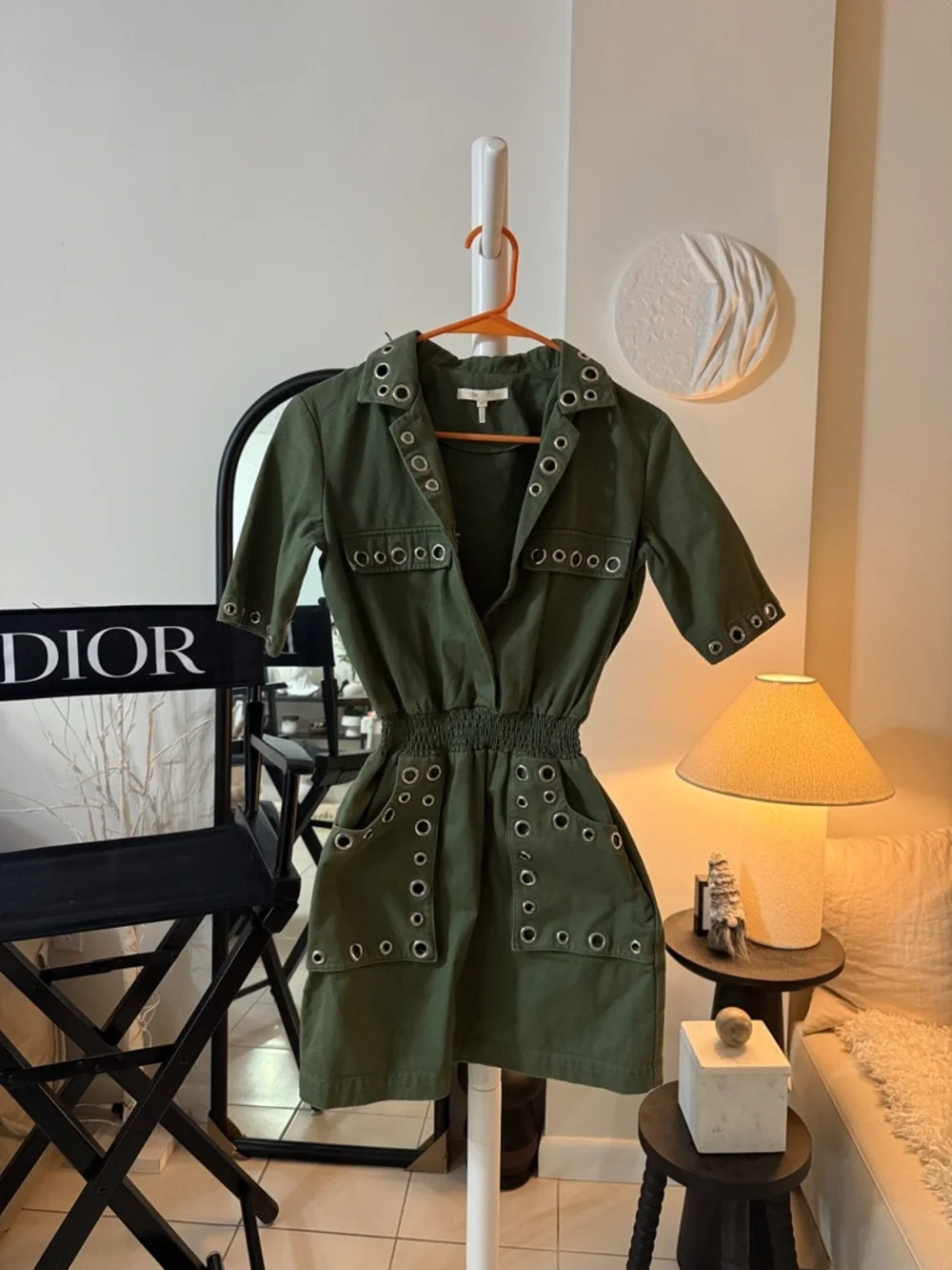 Maje Olive Green Eyelet Utility Mini Dress w silver accents - Picture 2 of 12